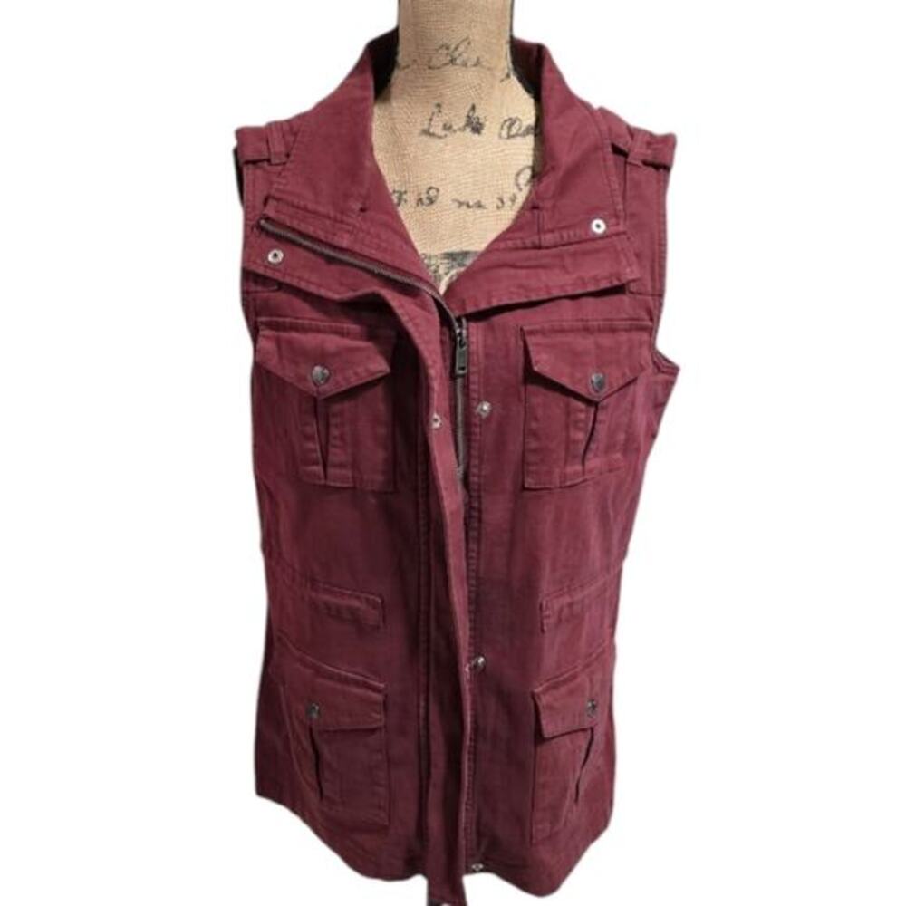 Tinsel Womens Burgundy Utility Vest Full Zip Pockets Button Shoulder Tabs Medium